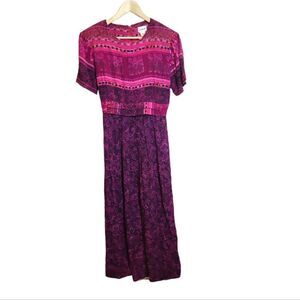 Vintage Maxi Dress‎ Purple Pink Floral Print Short Sleeve Boho Casual Dres